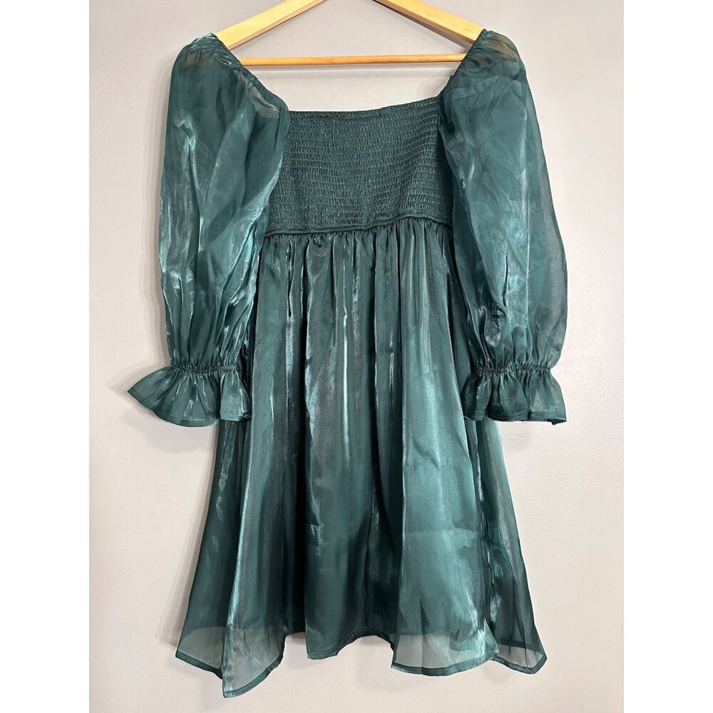 August Sky Babydoll Puff Sleeve Green Holiday Dress NWOT S